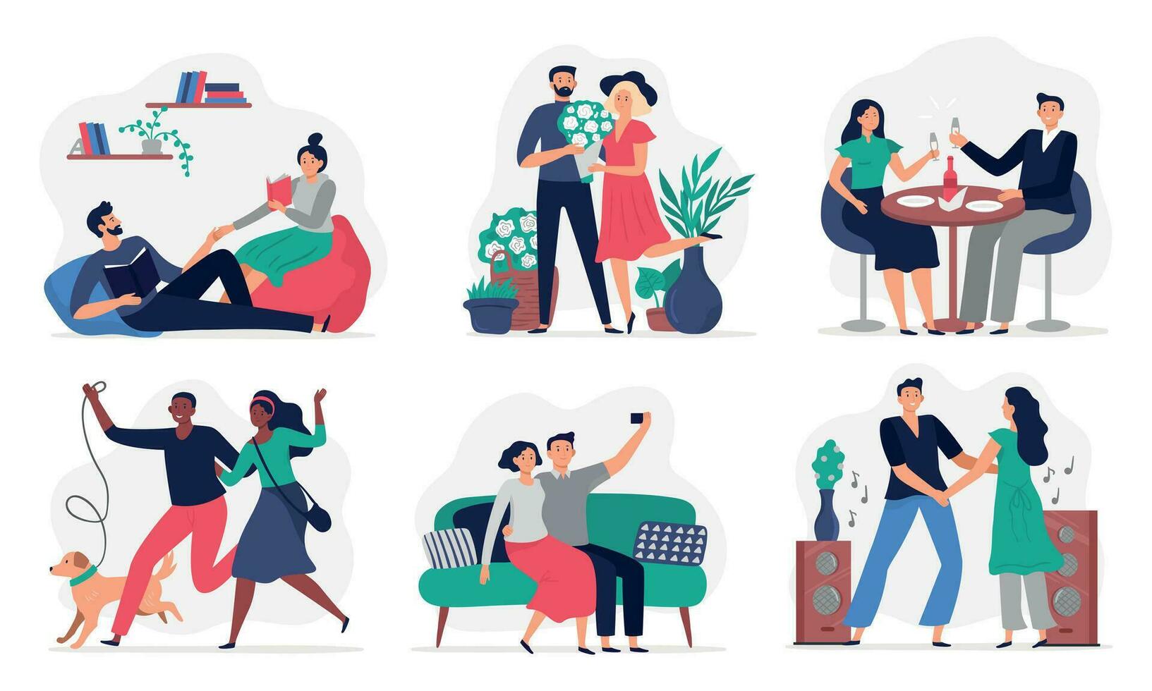 Lovers spend time together. Couples in love, happy people love each other and lifestyle vector illustration set