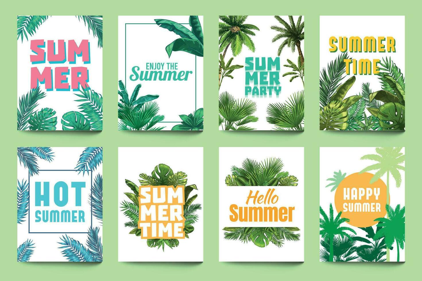 Abstract summer poster. Enjoy summer, party invitation and hello summer flyer art with tropical palm leaves and monstera leafs vector set