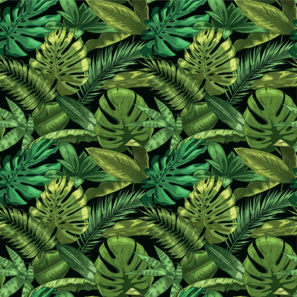 verde tropical hojas sin costura modelo. color monstera y trópico palma hojas, botánico jardín floral vector ilustración