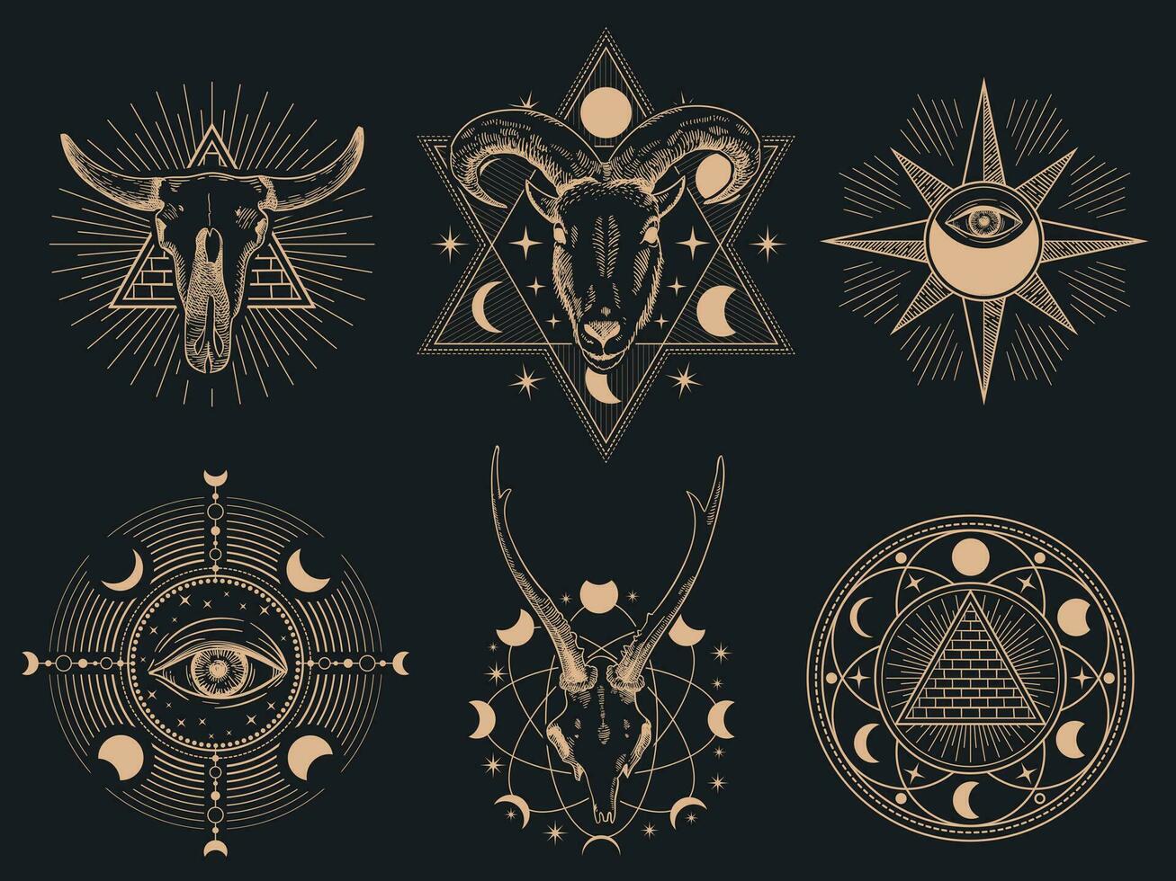 Occult symbols. Vector illustration set isolated on black