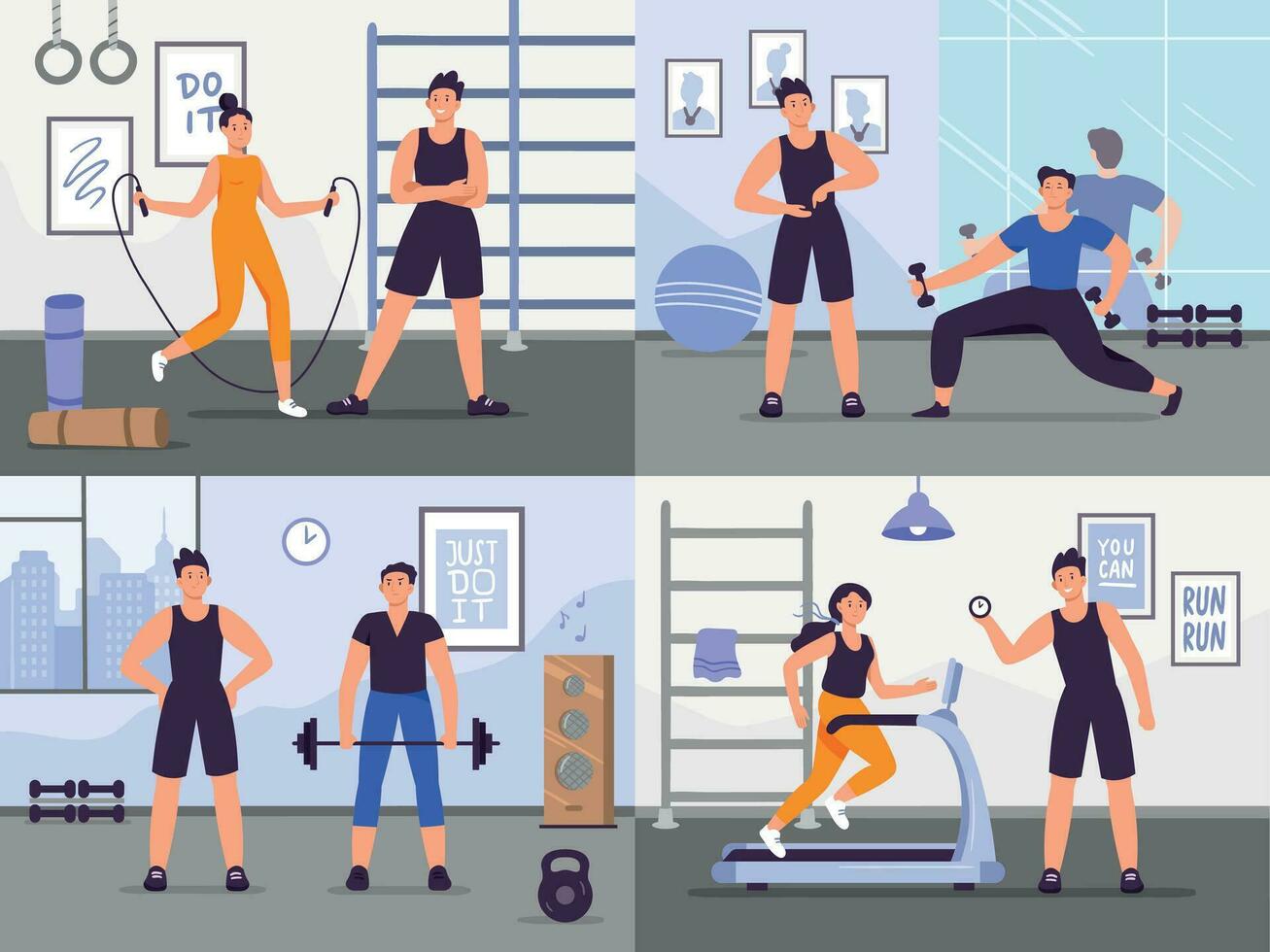 Gym coach. Vector illustration set people training