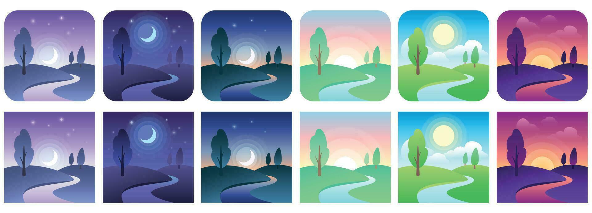 Landscape time icons. Sky and field daytime circle and square icon vector set