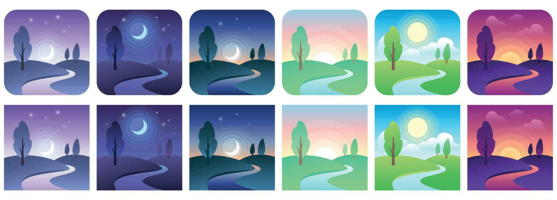 paisaje hora iconos cielo y campo tiempo de día circulo y cuadrado icono vector conjunto