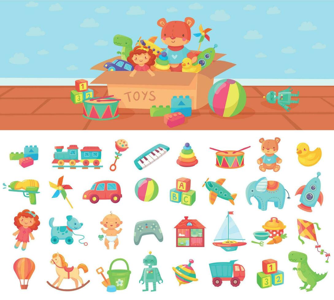 Cartoon toys. Vector set of kids play, block and doll