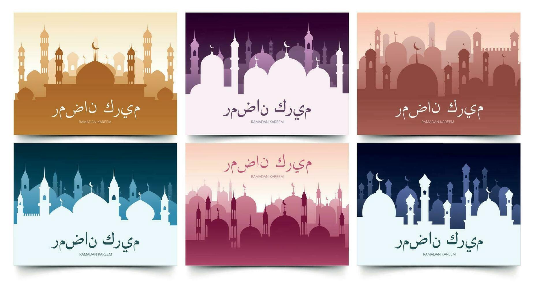 Ramadan kareem backgrounds. Greating cards with mosques silhouettes, arabic architecture and mosque skyline vector illustration set