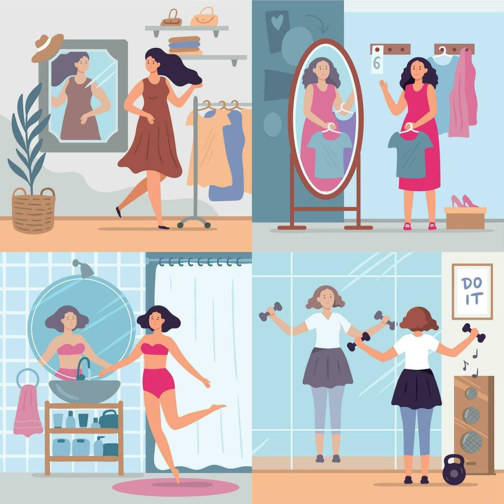 niña mirando en espejo. mujer en elegante vendaje habitación, baño y gimnasio Mira en espejos contento reflexión en espejo vector ilustración conjunto