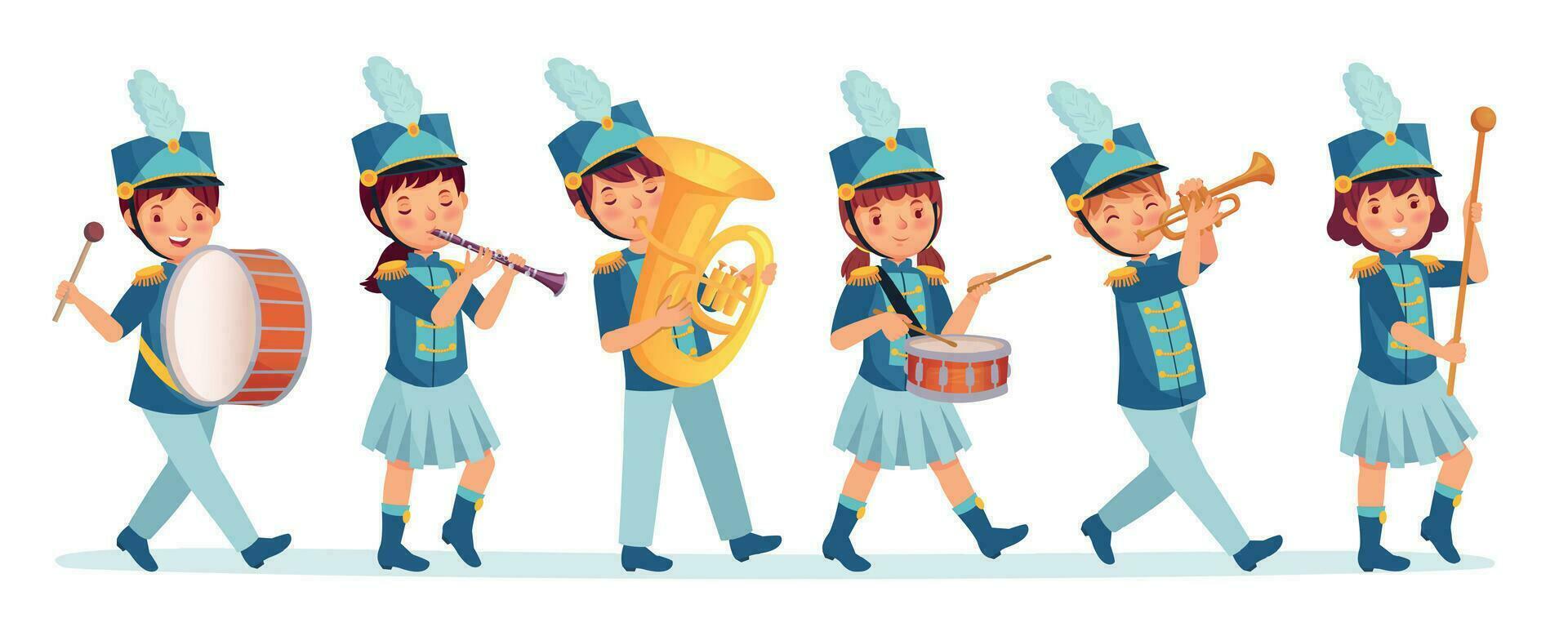 Cartoon kids marching band parade. Child musicians on march, childrens loud playing music instruments cartoon vector illustration