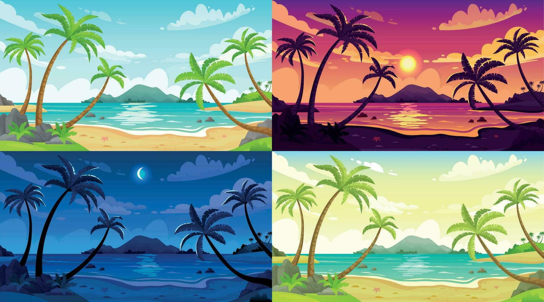 tiempo de día playa paisaje. soleado día marina, noche Oceano y puesta de sol playa dibujos animados vector ilustración conjunto