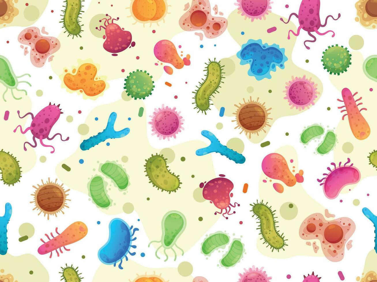 Seamless bacteria pattern. Color germs, microorganism cells microscopic organisms and viruses cartoon vector illustration