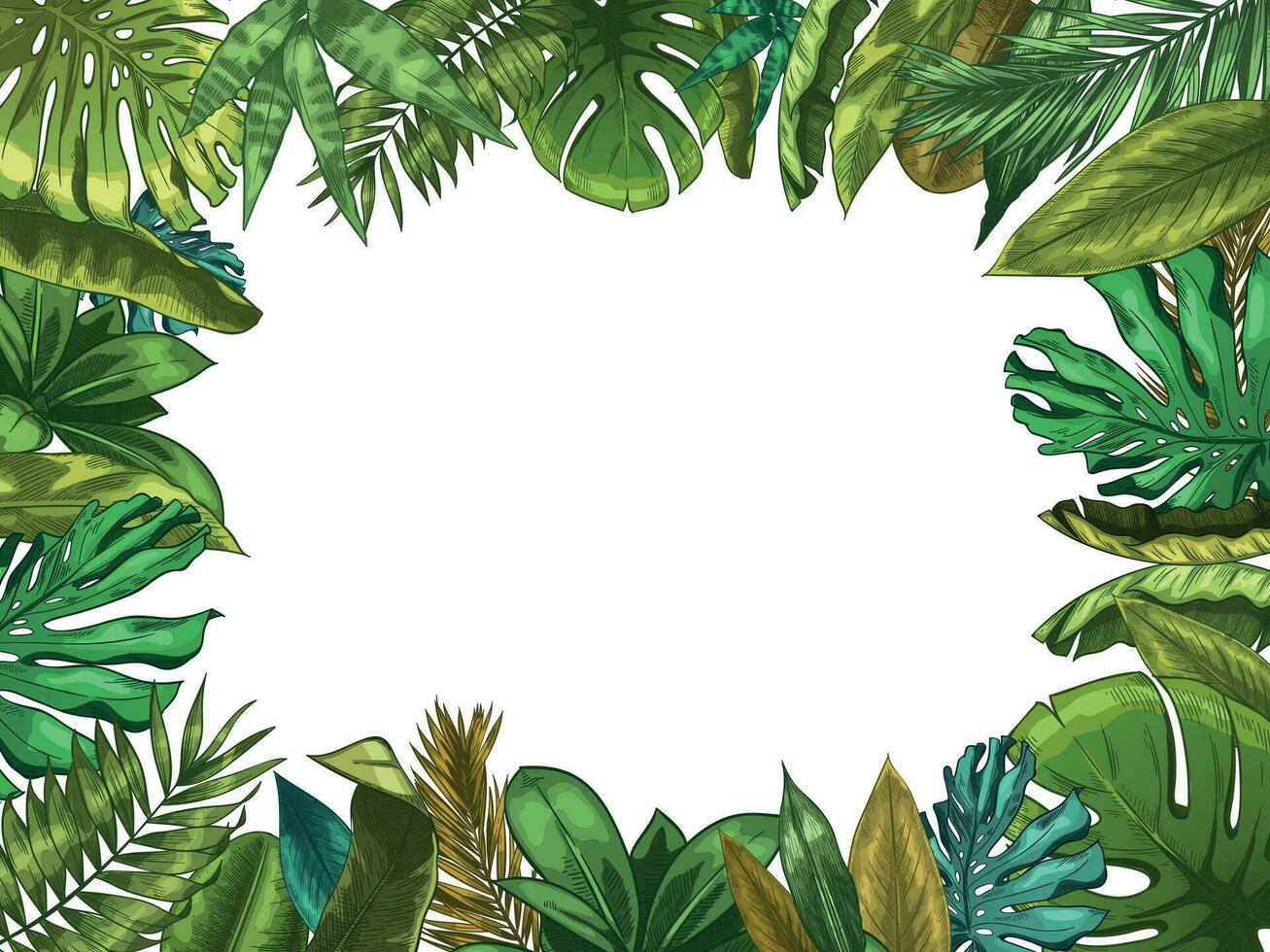 Green tropical leaves frame. Nature leaf border, summer vacation and jungle plants. Monstera and exotic palm tree leafs vector illustration