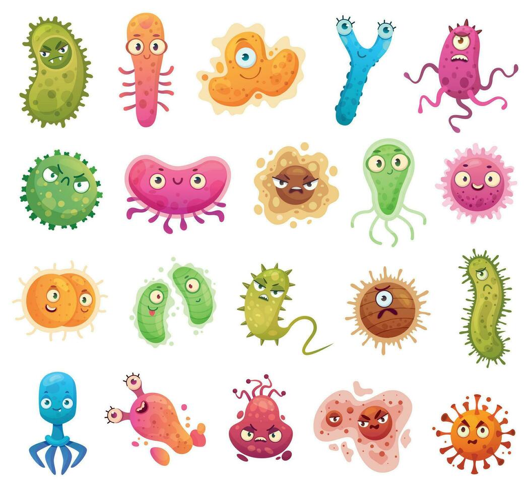 Cartoon bacteria mascot. Virus character, bacterias with funny faces. Color microbes and disease viruses isolated vector illustration set