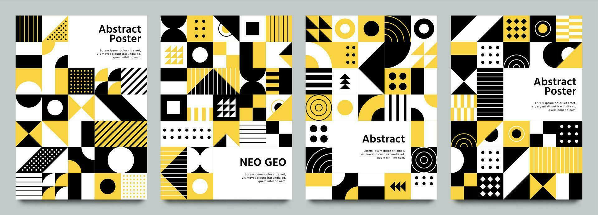 Neo geometric posters. Modern grid pattern with geometrical shapes. Abstract yellow, white and black backgrounds vector set