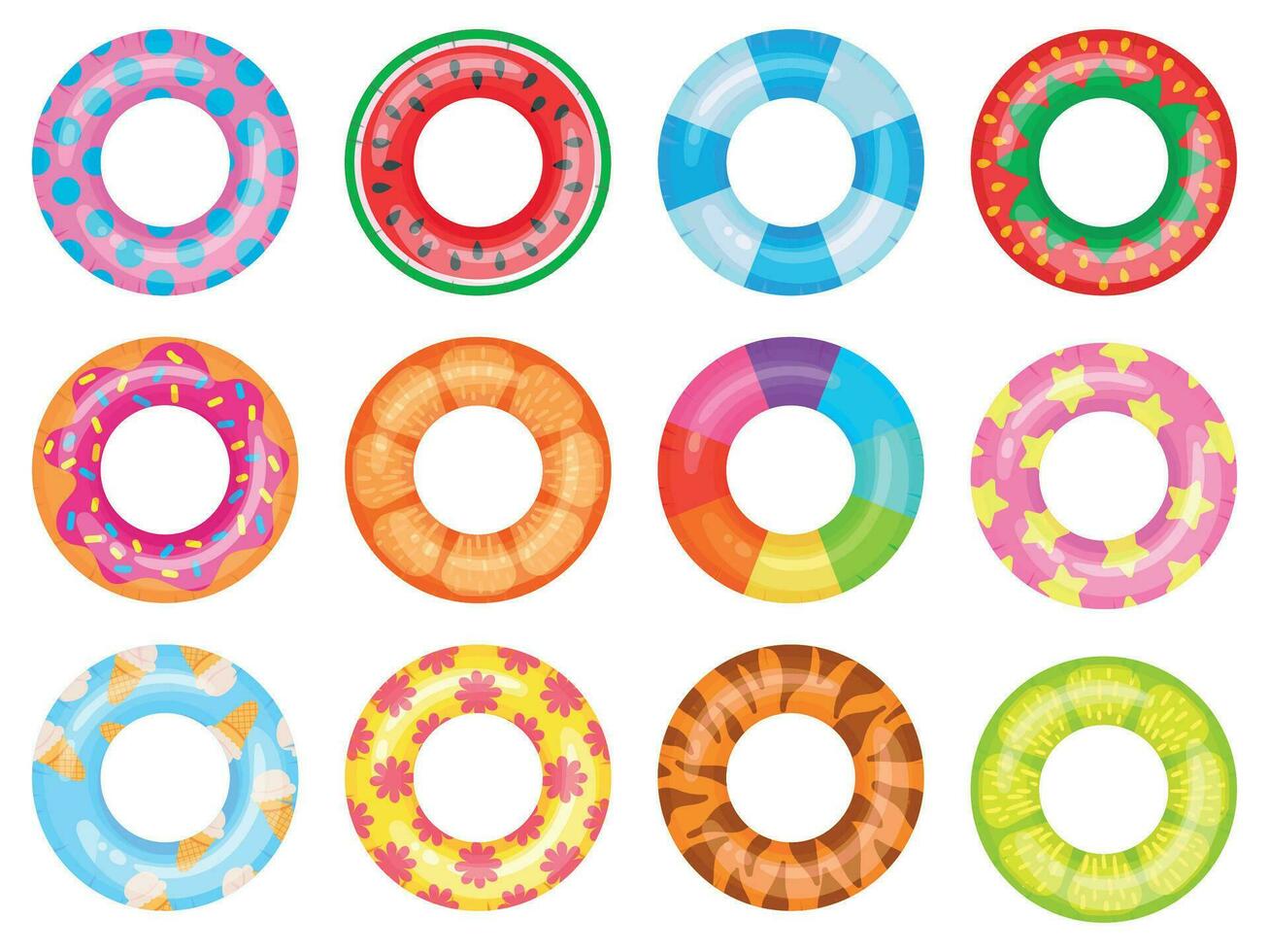 Rubber swimming ring. Pink lifesaver, summer swimming pool floating rings. Rainbow rescue ring top view cartoon vector illustration set