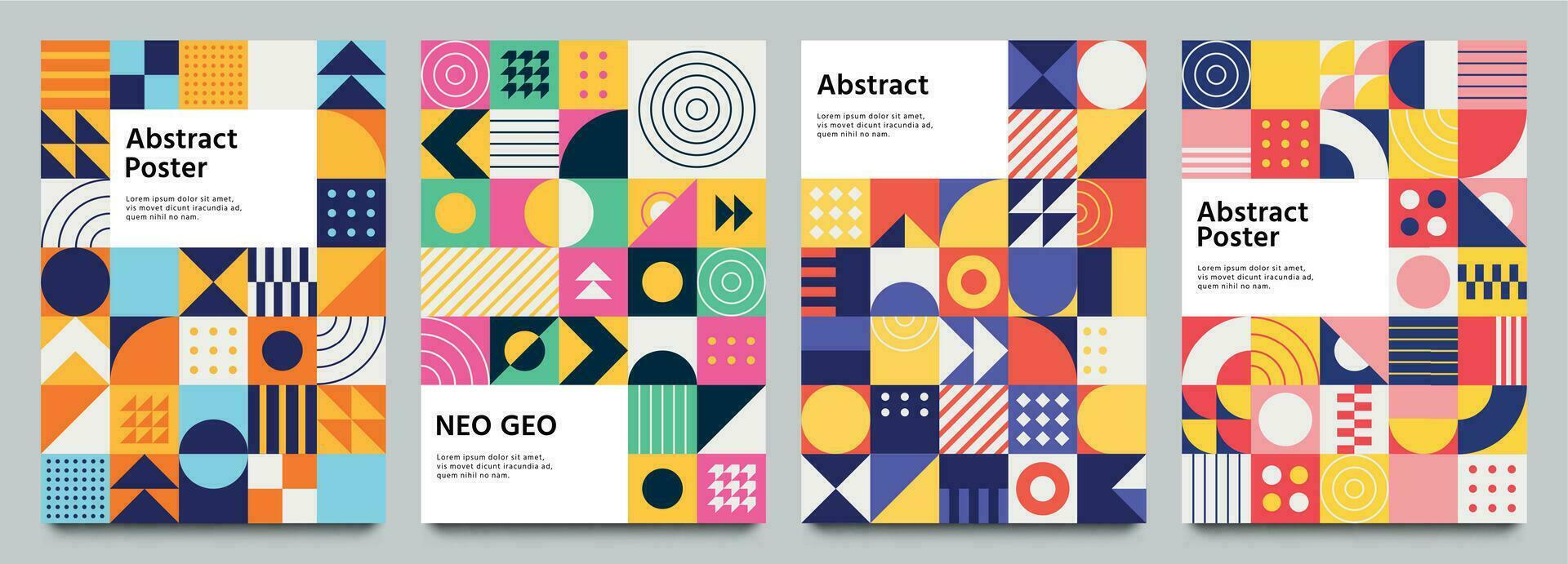 Colorful neo geometric poster. Grid with color geometrical shapes. Modern abstract promotional flyer background vector illustration set