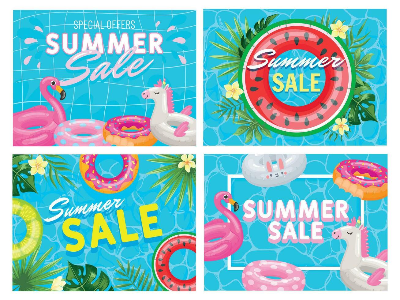 Summer sale banner. Summer pool deal flyer, fancy pink flamingo and watermelon floating ring special offer vector illustration set