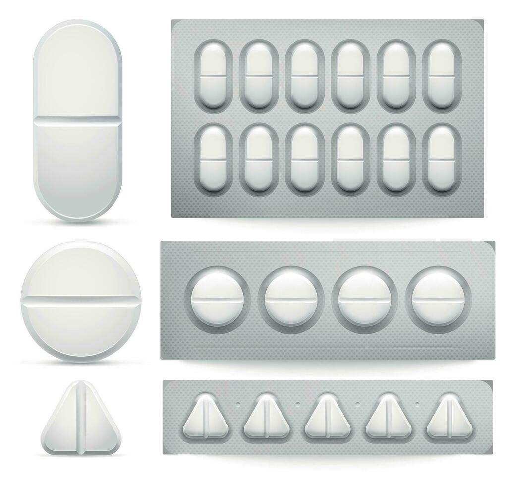 Medicine pills. Vector illustration set, tablets in pack