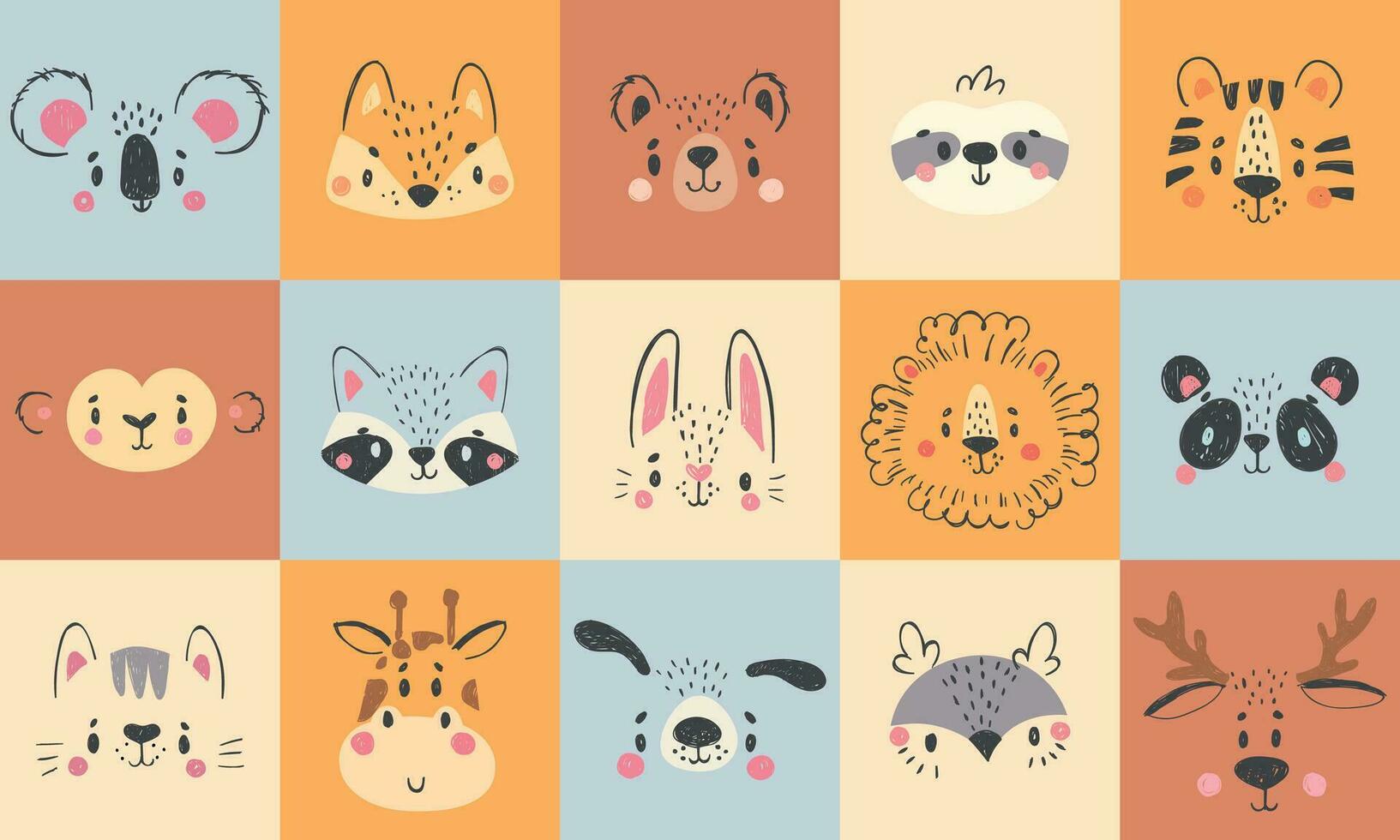 Cute animal portraits. Hand drawn happy animals faces, smiling bear, funny fox and koala cartoon vector illustration set