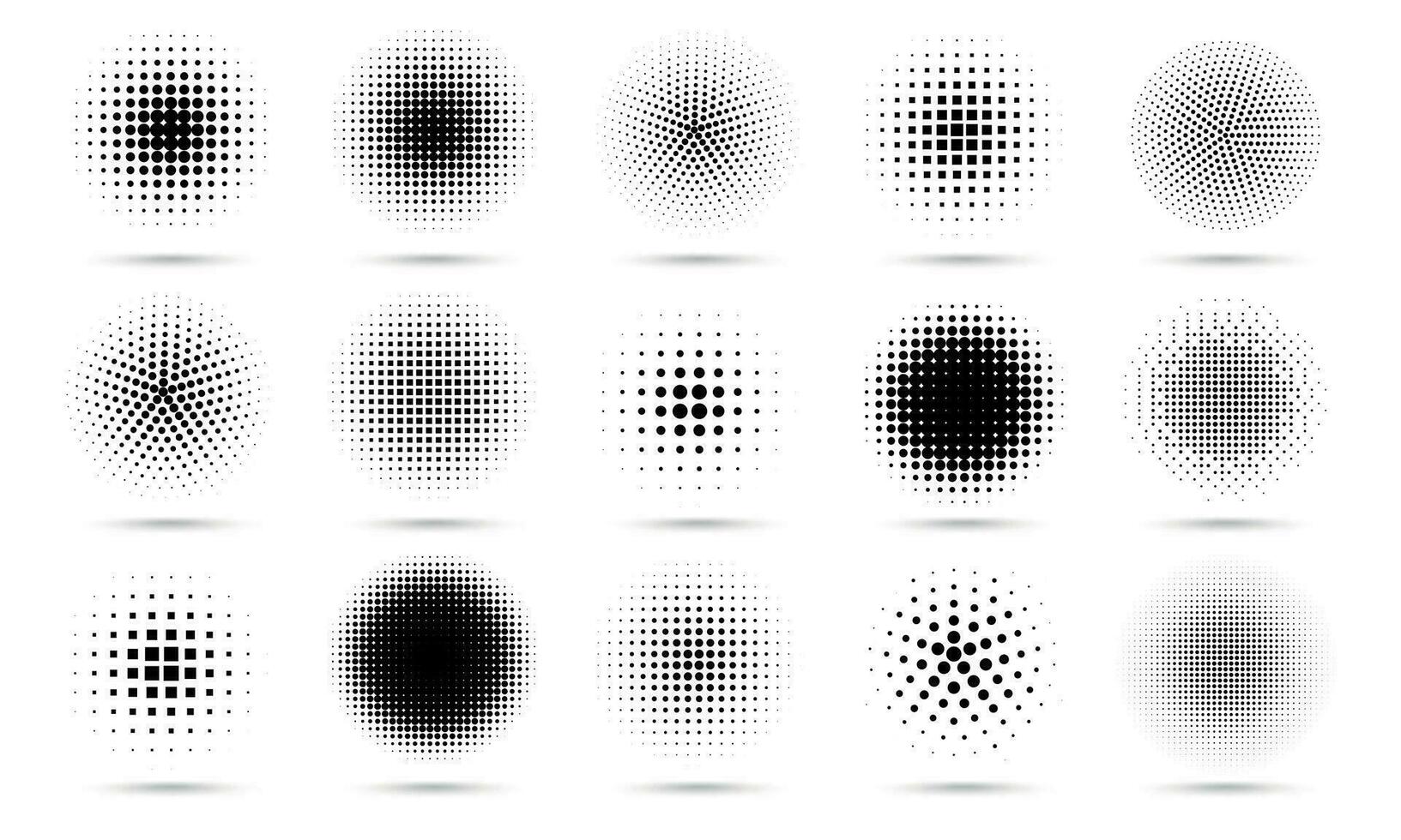 Circle halftone. Abstract dotted circles, round halftones geometric dots gradient and pop art texture. Dot spray gradation vector set