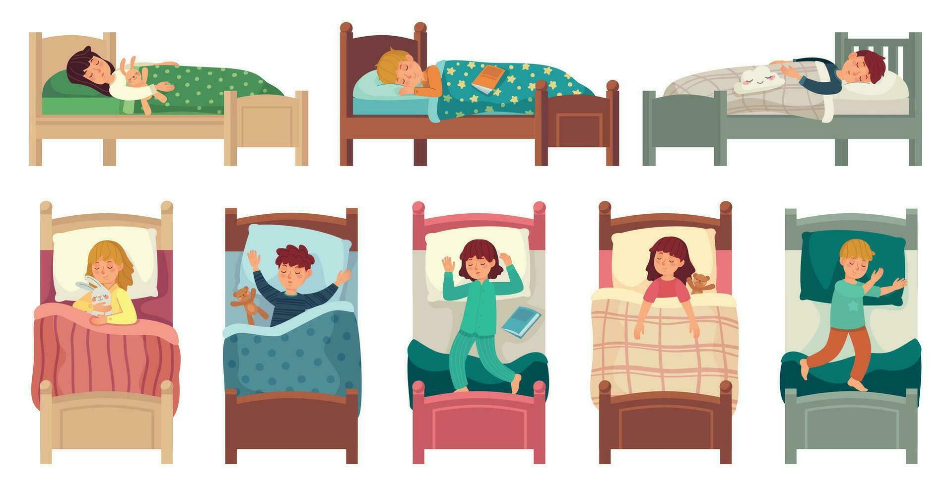 Kids sleeping in beds. Child sleeps in bed on pillow, young boy and girl asleep. Bedtime vector illustration set
