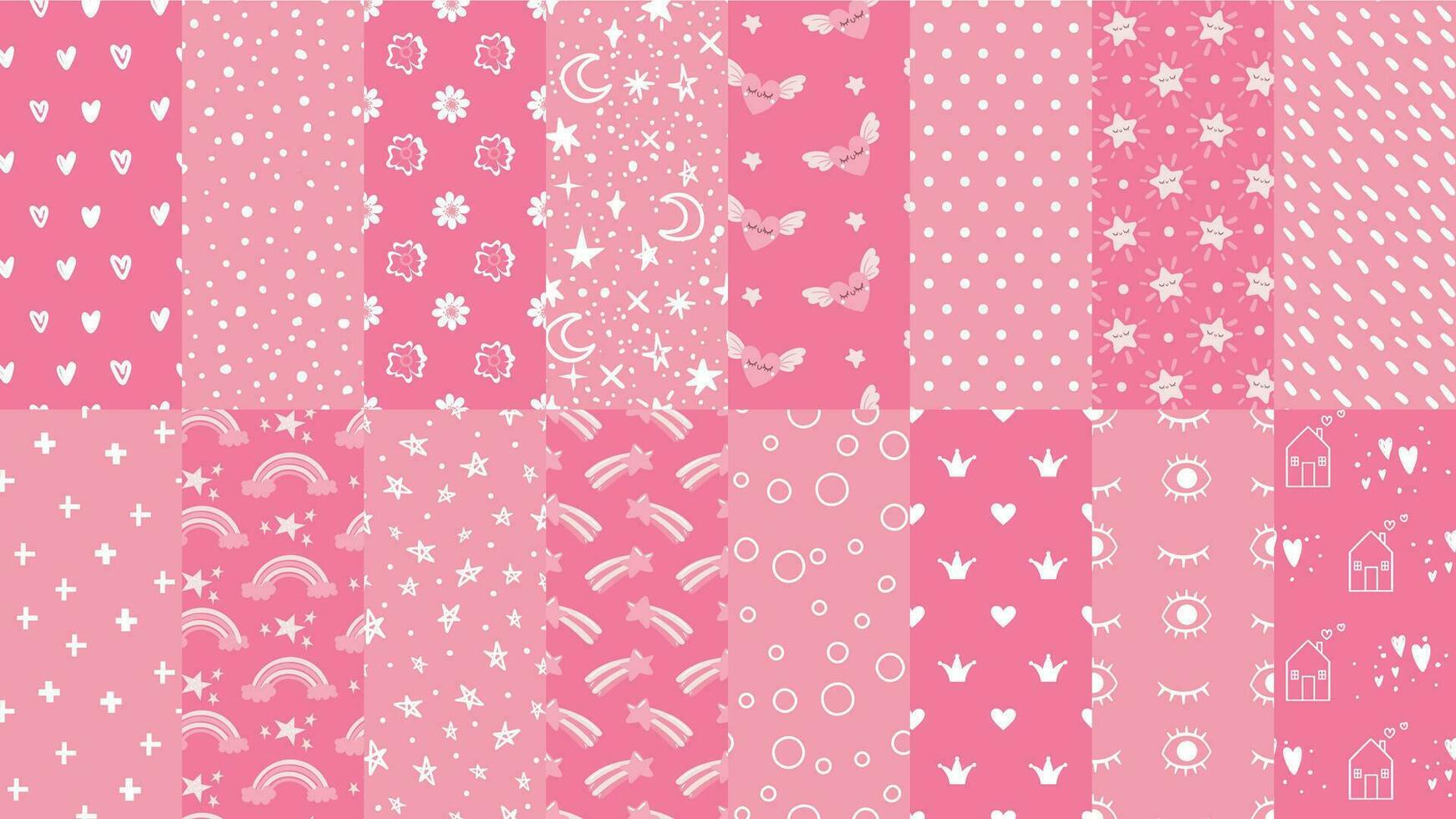 Cute pink seamless patterns. Hand drawn hearts, stars pattern for little baby girl and dots texture for fabric print vector set