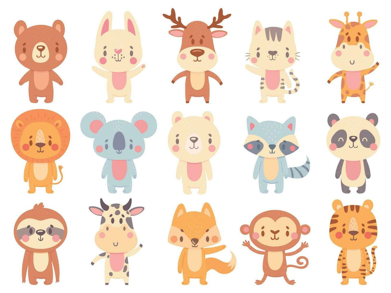 linda dibujos animados animales ondulación jirafa, gracioso granja vaca y contento oso mascota. selva zoo animal y sonriente bebé mascotas vector ilustración conjunto