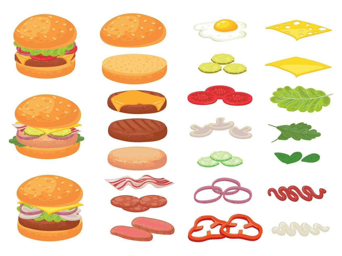 Cartoon burger ingredients. Hamburger, chop bun and tomato. Ham, fresh pickles and cheese slices. Fast food constructor vector illustration set