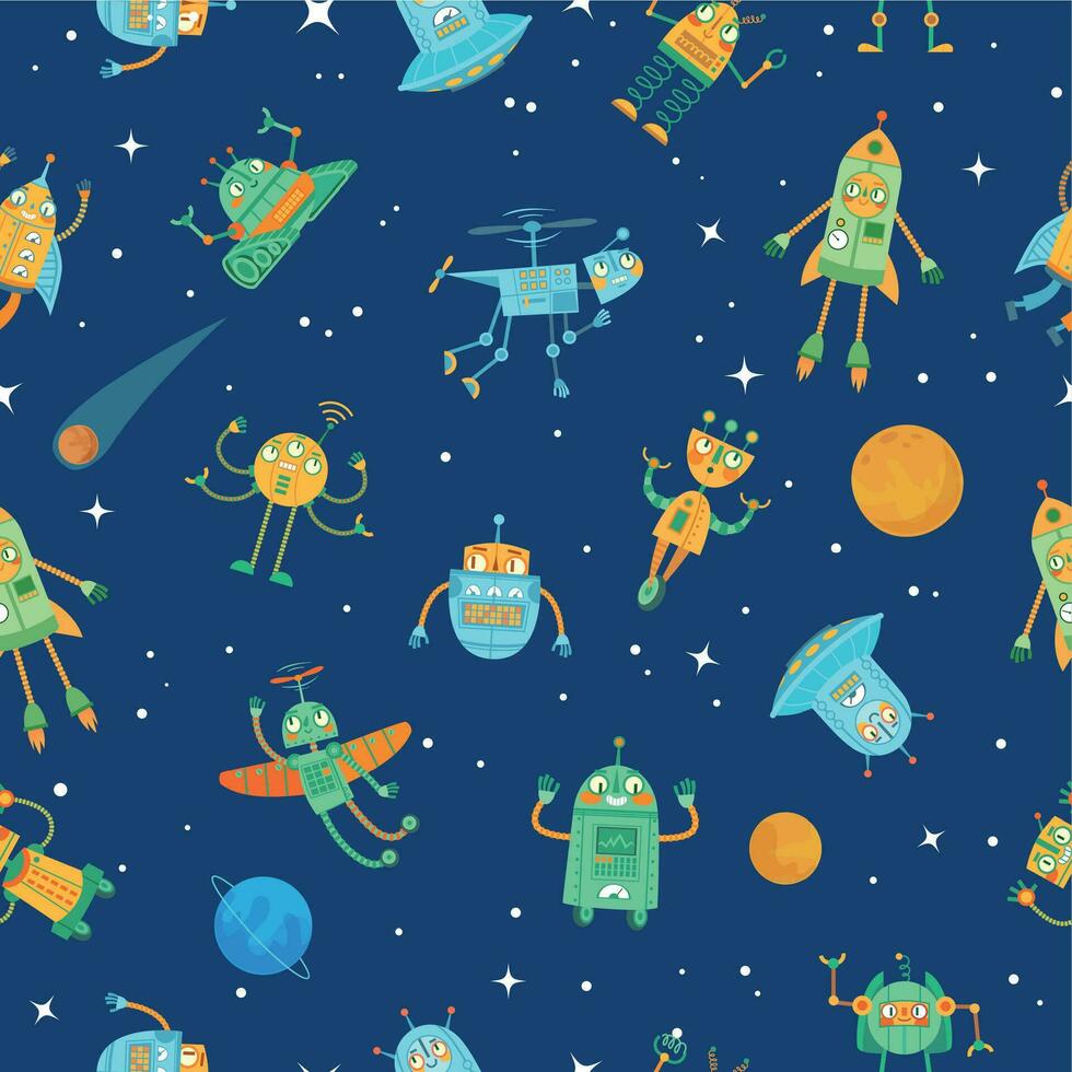 Seamless space robots pattern. Cute robot in space with stars and planets, colourful funny robots cartoon vector illustration