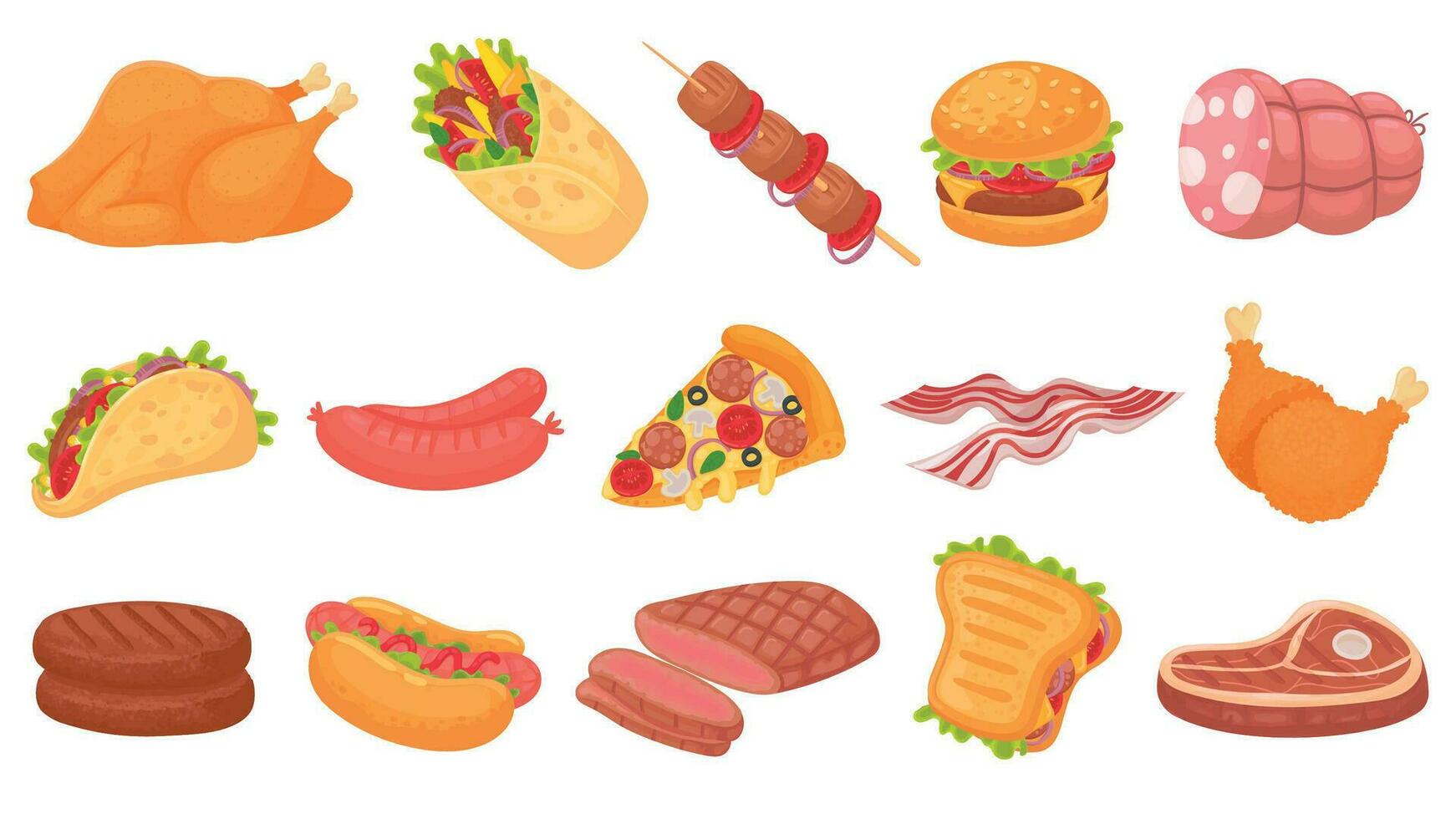 dibujos animados carne alimento. frito pollo piernas, hamburguesa y A ...
