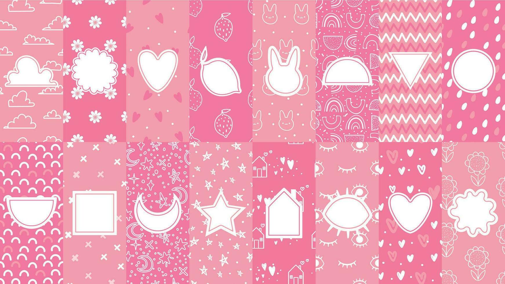 Cute patterns with badges. Pink pattern for little baby, girly abstract seamless textures for fabric print vector illustration set