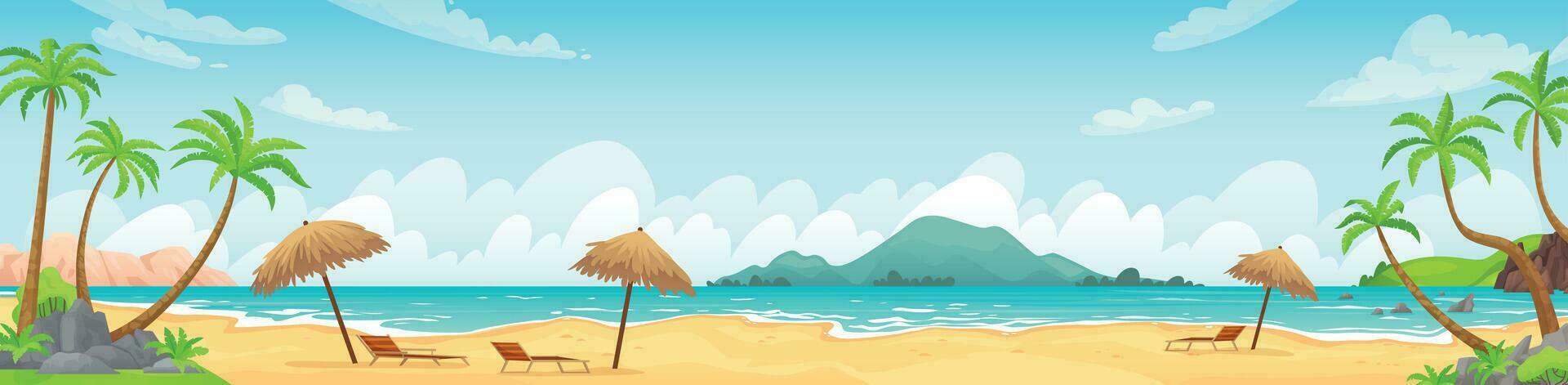 Daytime beach landscape. Sandy beaches with tropical palms. Sunny day, on beautiful sunset, sunrise and at night cartoon vector illustration
