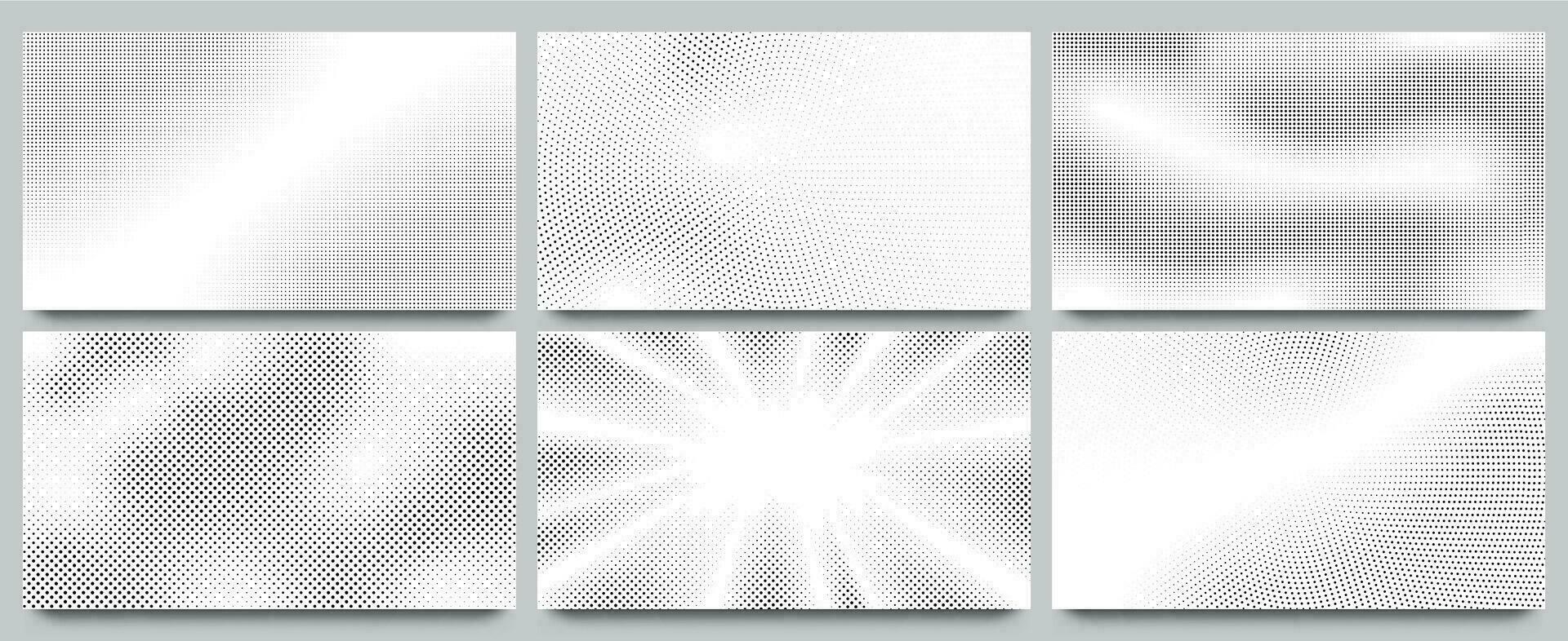 Abstract halftone background. Wavy dots pattern, twisted dotted pattern and pop art or comic style texture backdrop with halftones gradation gradient vector set