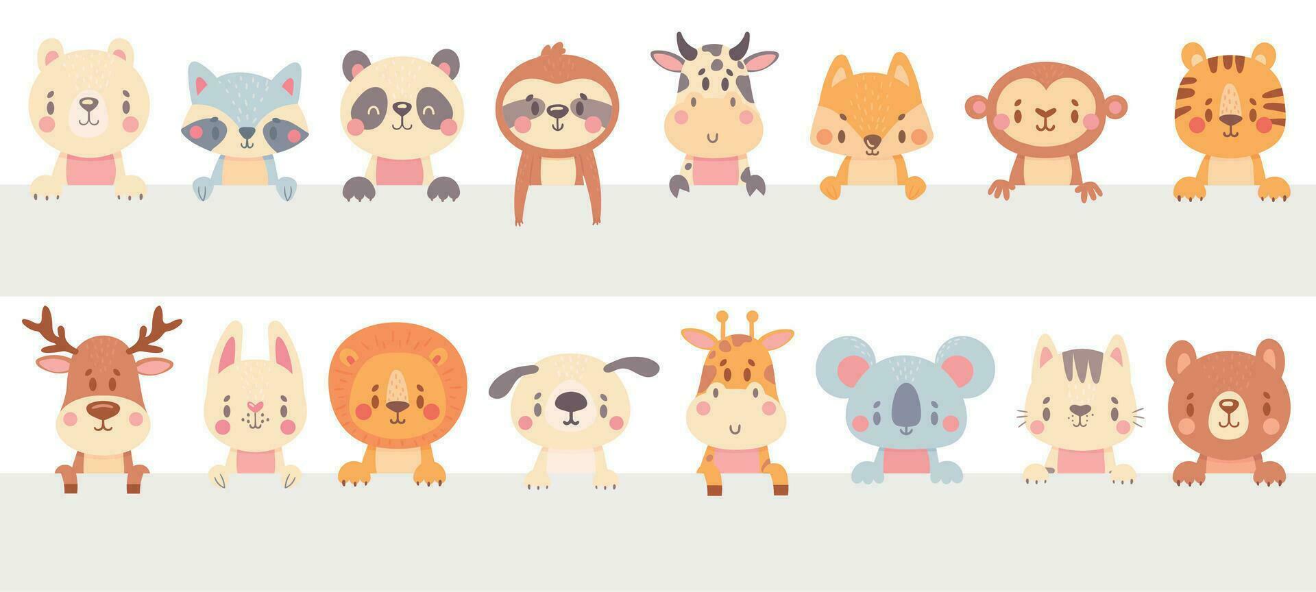 Cute animals look out. Funny animal peeps out, hand drawn pet, adorable cat and dog. Smiling bear, raccoon and fox vector illustration set