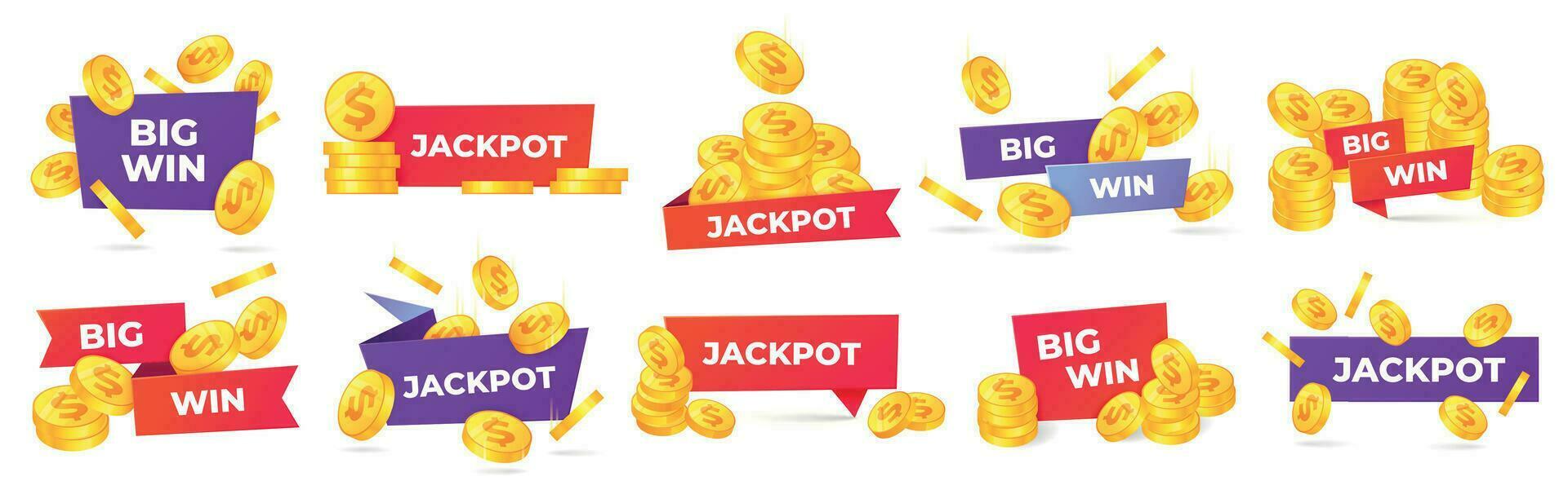 Jackpot and big win labels. Winner congratulations banner, money prize and casino prizes label vector set