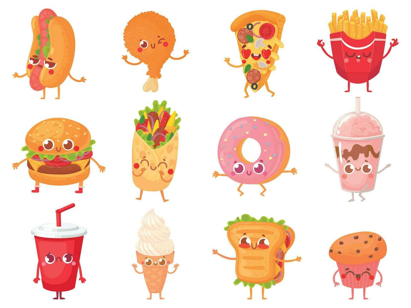 Cartoon fast food mascots. Street food character, french fries and pizza mascot vector illustration set