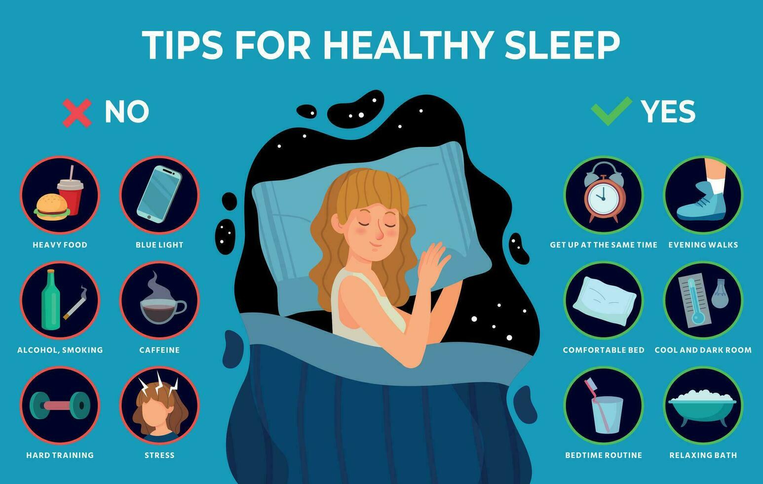 Healthy sleep rules. Healthy night sleep tips, good habits and peacefully sleeping girl vector infographics illustration