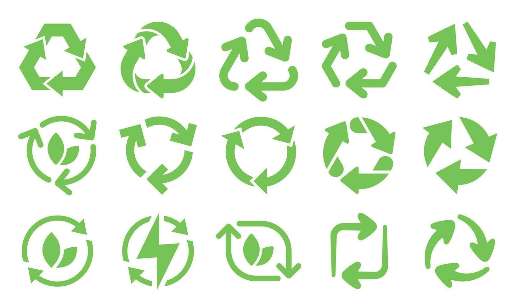 Green eco recycle arrows icons. Reload arrows, recyclable trash and ecological bio recycling icon vector set