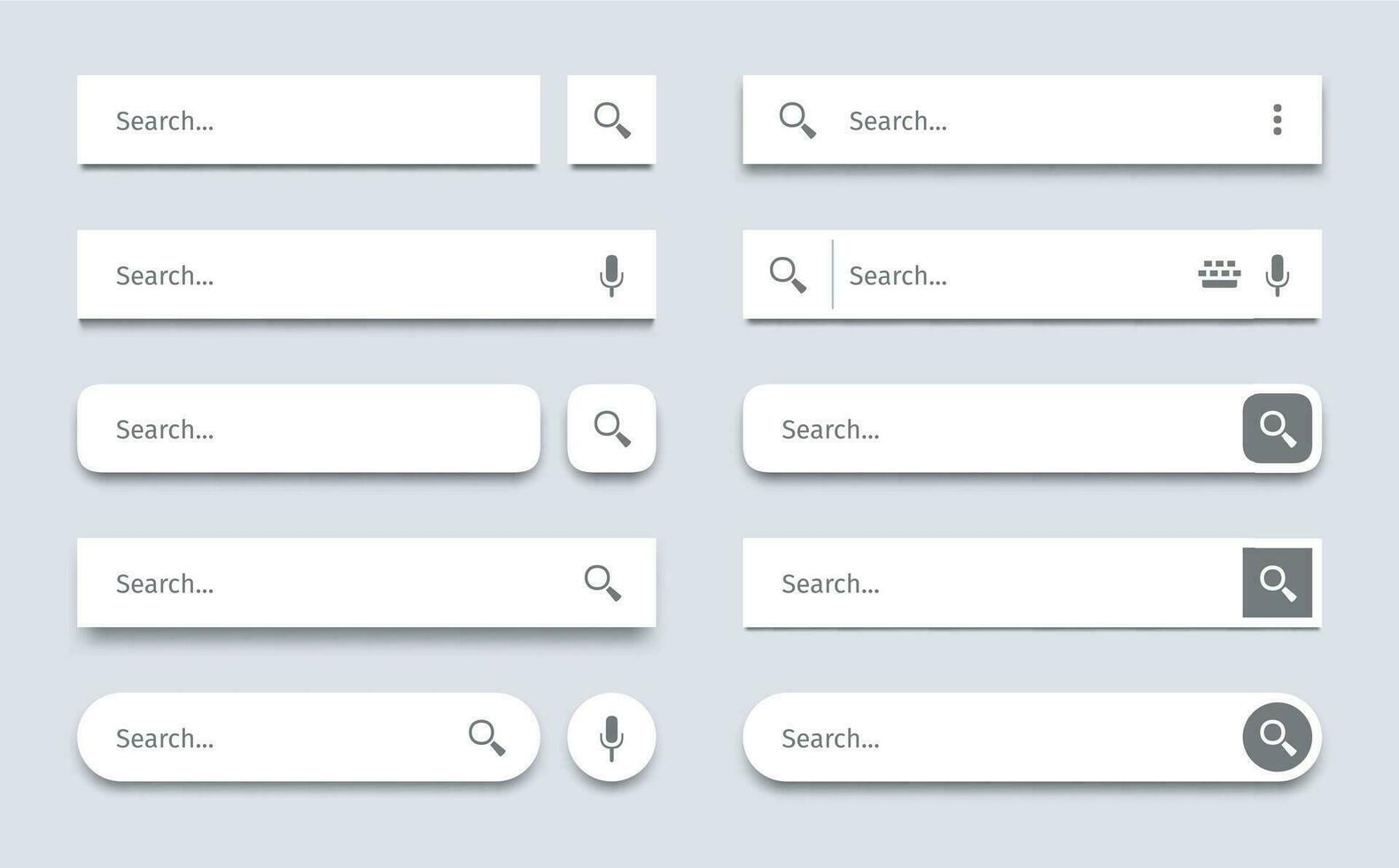 Search bar. Searching panel, website ui bars with shadows and quick search boxes template vector set