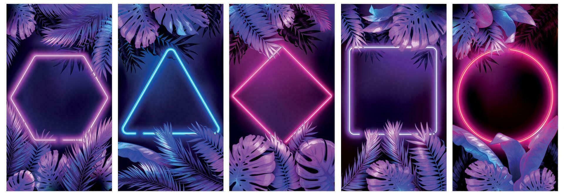 Tropical neon frames. Bright glowing leaves, cyber floral frame and leafs in neon lights vector background set