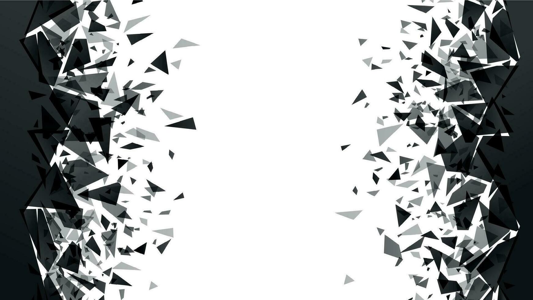 Abstract shatter destruction background. Broken debris pieces, black triangles walls destruction and shattered wall explosion vector background