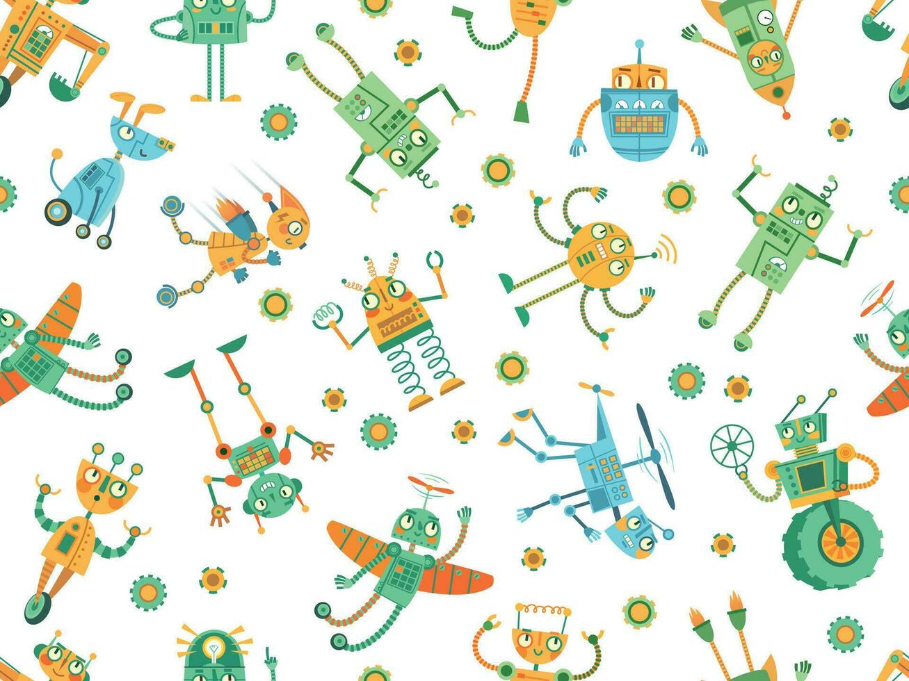 Seamless robots pattern. Robot rocket, colorful robotic dog and programming robots for kids vector illustration