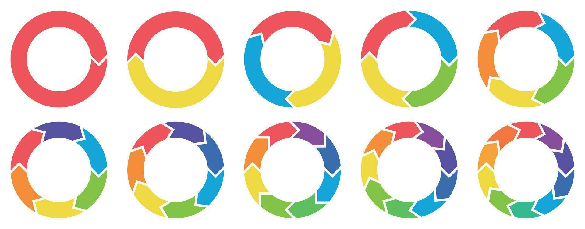 Colorful circle arrow charts. Multicolor spinning arrows, repeat circle combinations and reload icon vector set