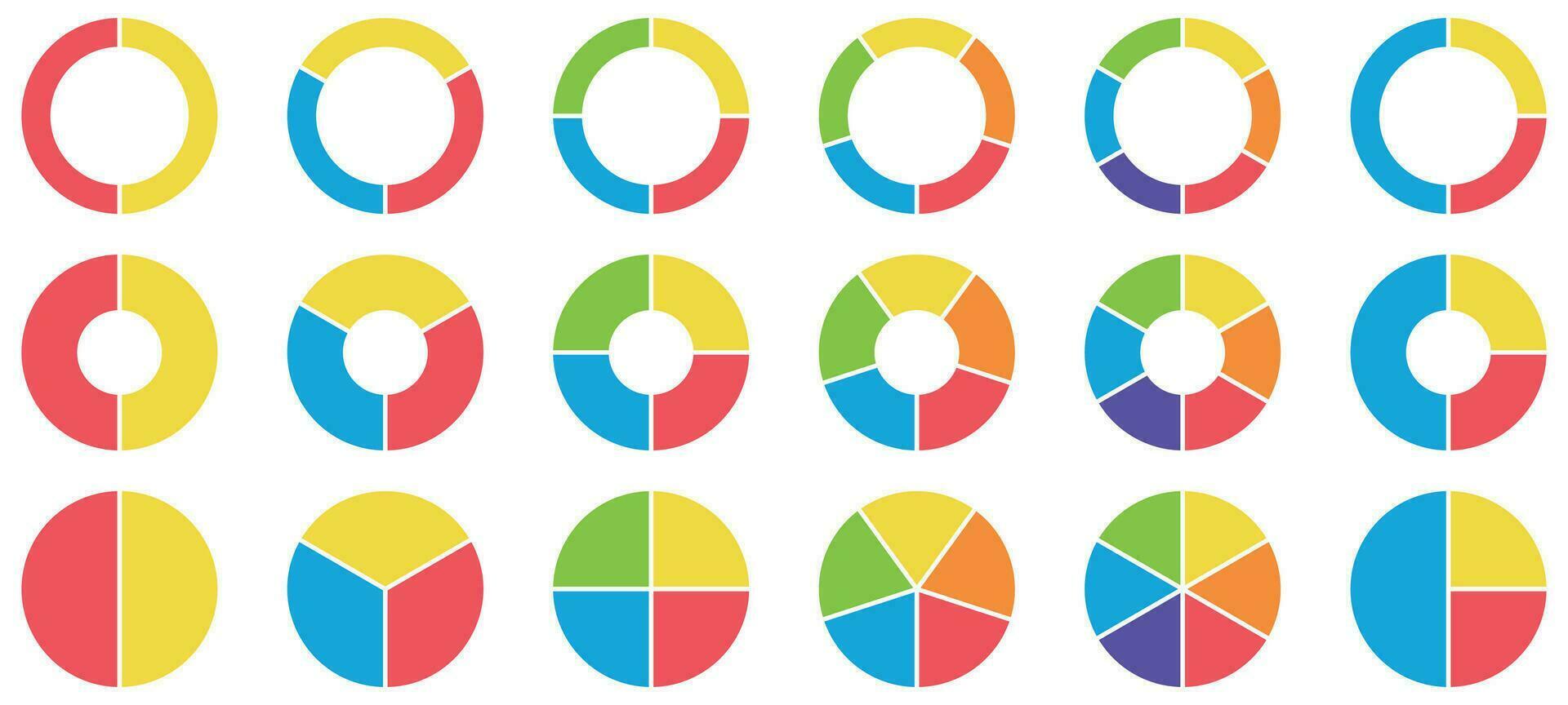 Colorful pie and donut charts. Circle chart, circle sections and round donuts chart pieces. Business infographic vector set