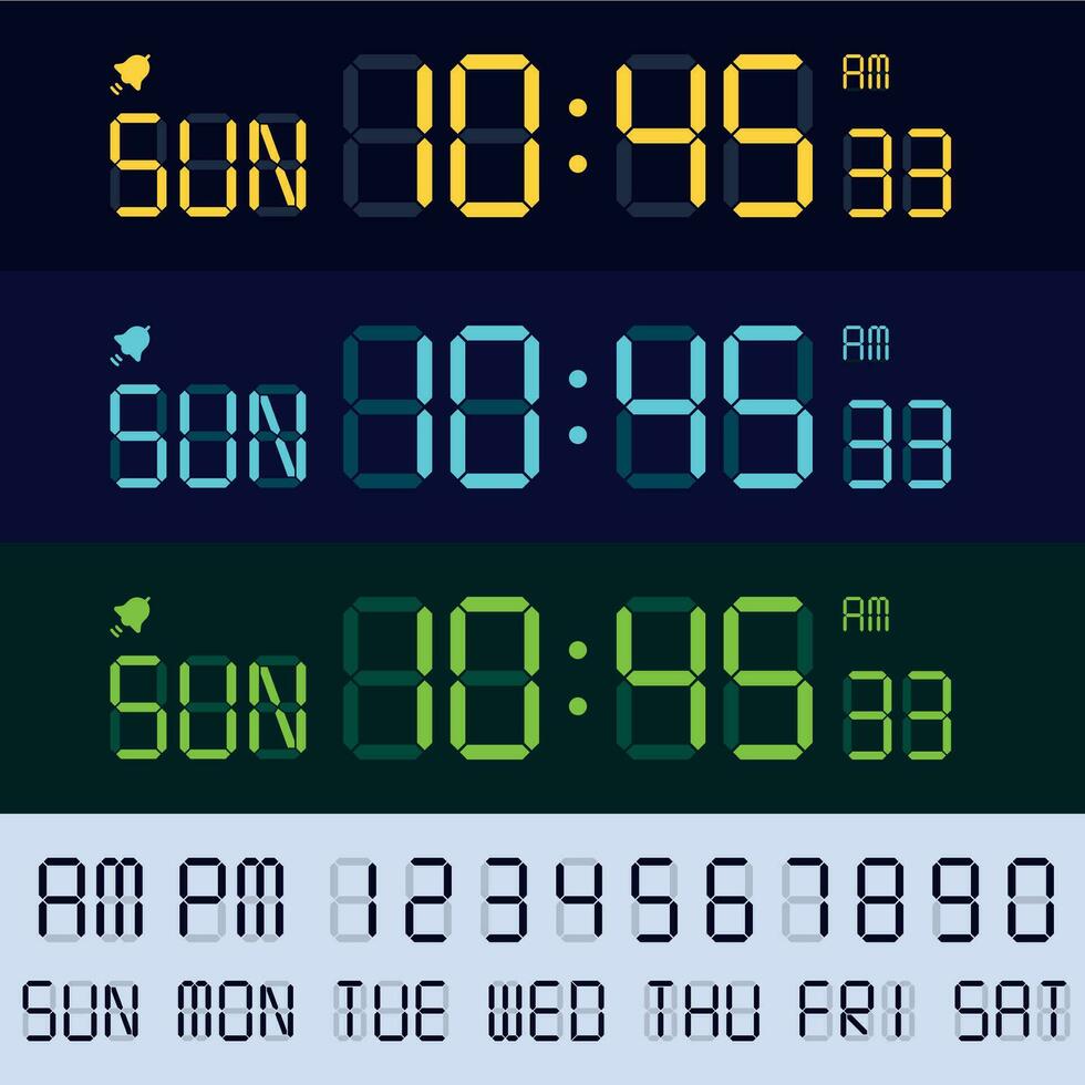 Alarm clock lcd display font. Electronic clocks numbers, digital screen hours and minutes. Retro display text vector set