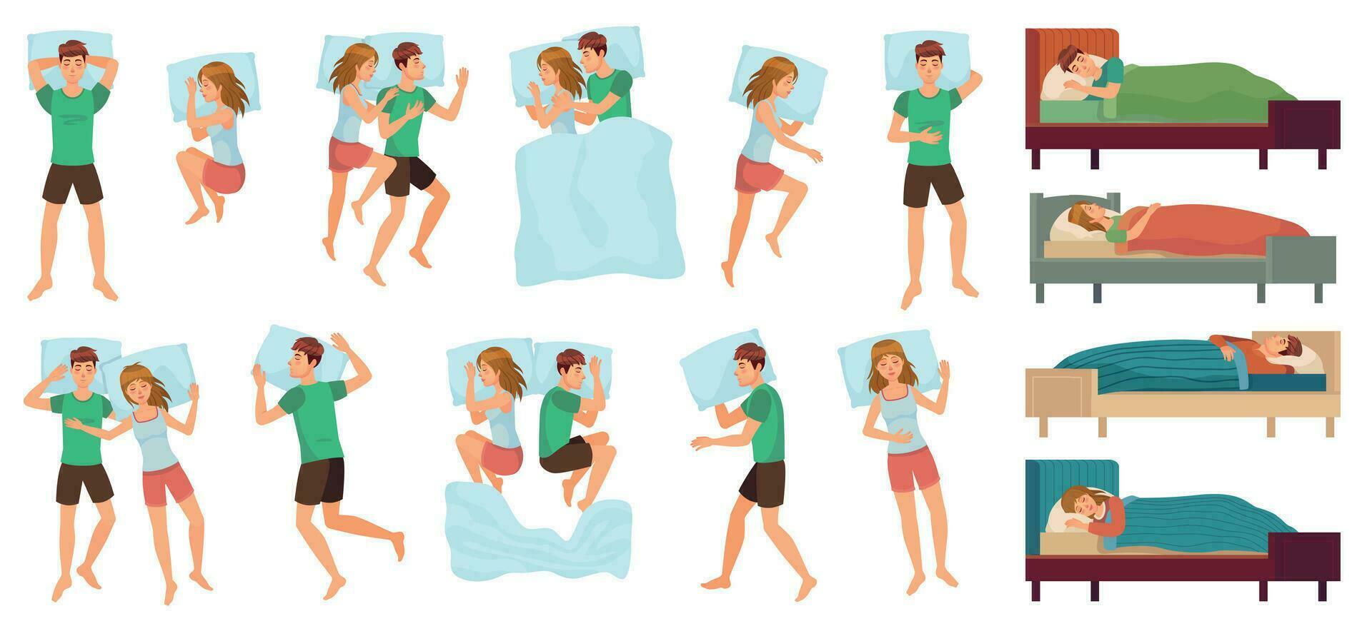 Sleeping people. Adult couple sleep together, asleep person. Man and woman sleep in different positions vector illustration set