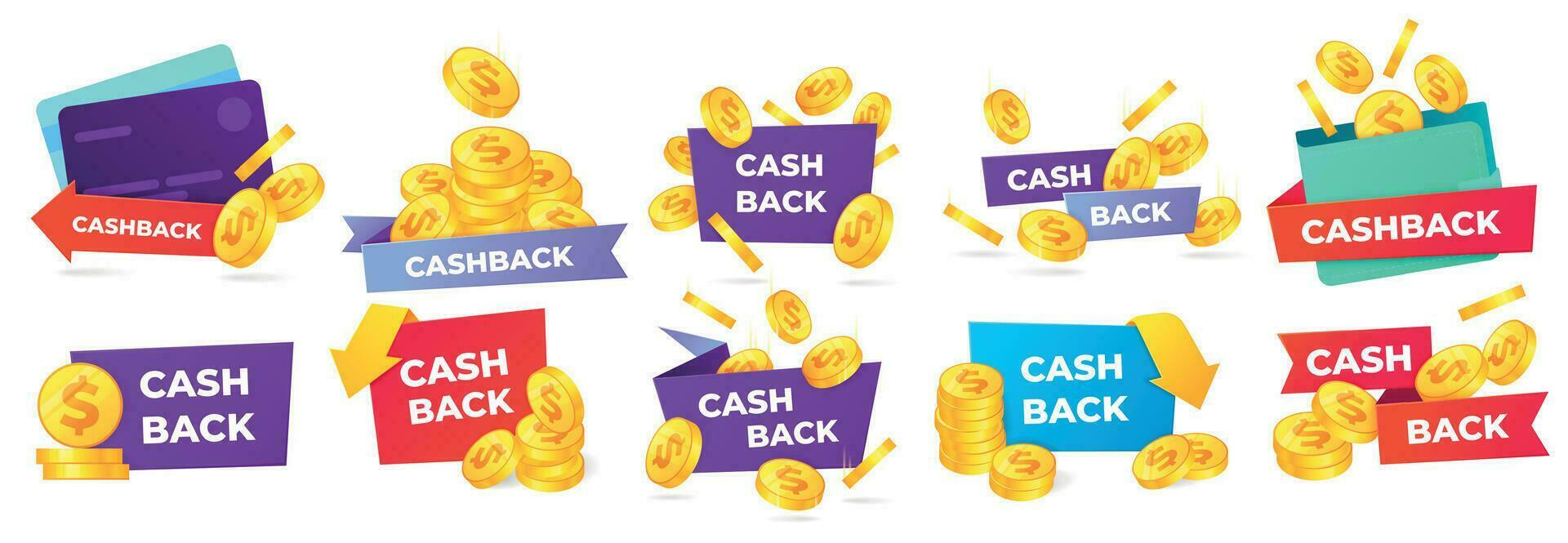 Cashback badges. Money return label, shop sale offers and cash back banner. Golden coins in wallet vector illustration set