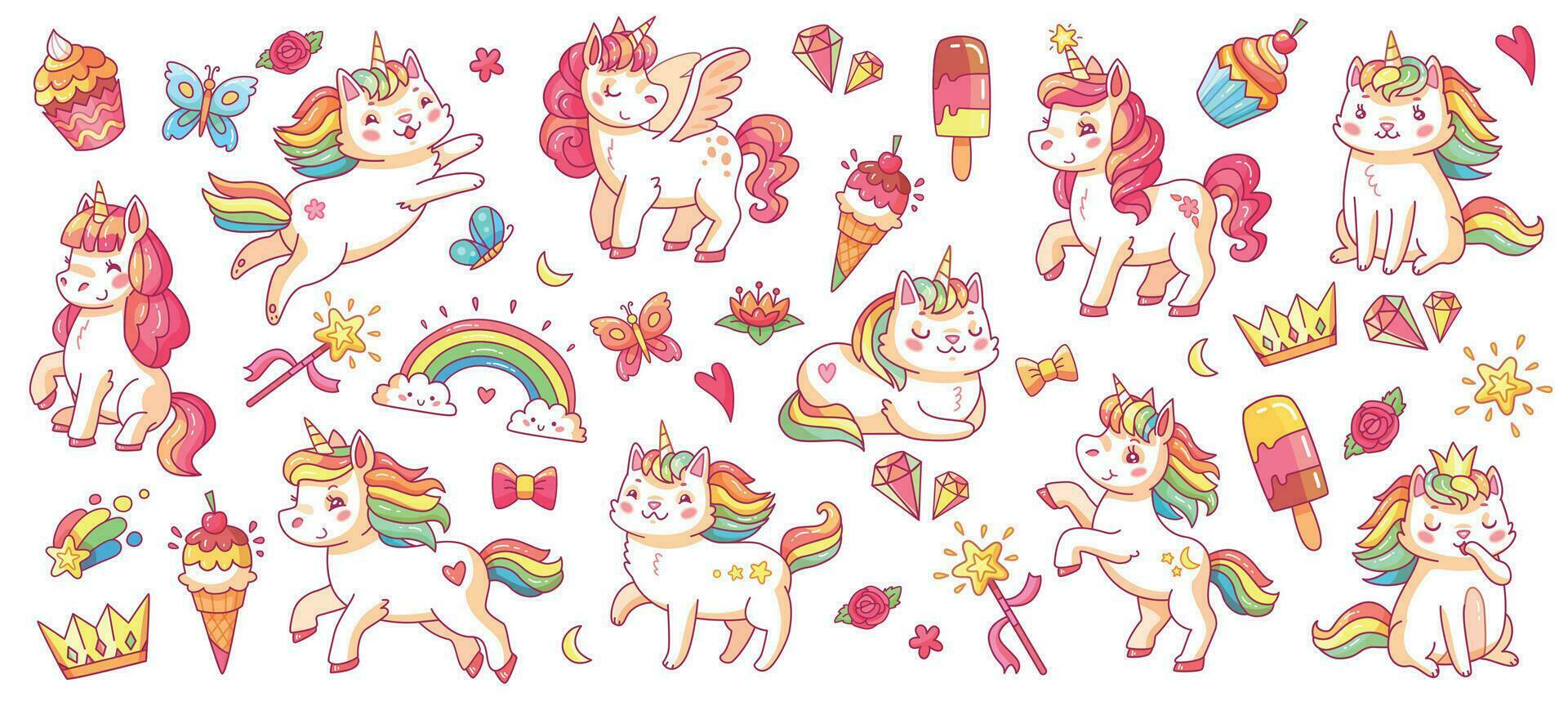 Cute pony and cat unicorns. isolated cartoon vector characters set for kids book