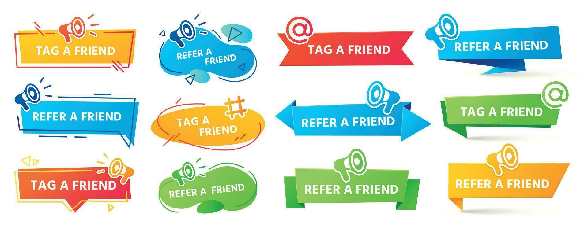 Refer a friend banner. Referral program label, friends recommendation and social marketing tag friend banners vector set