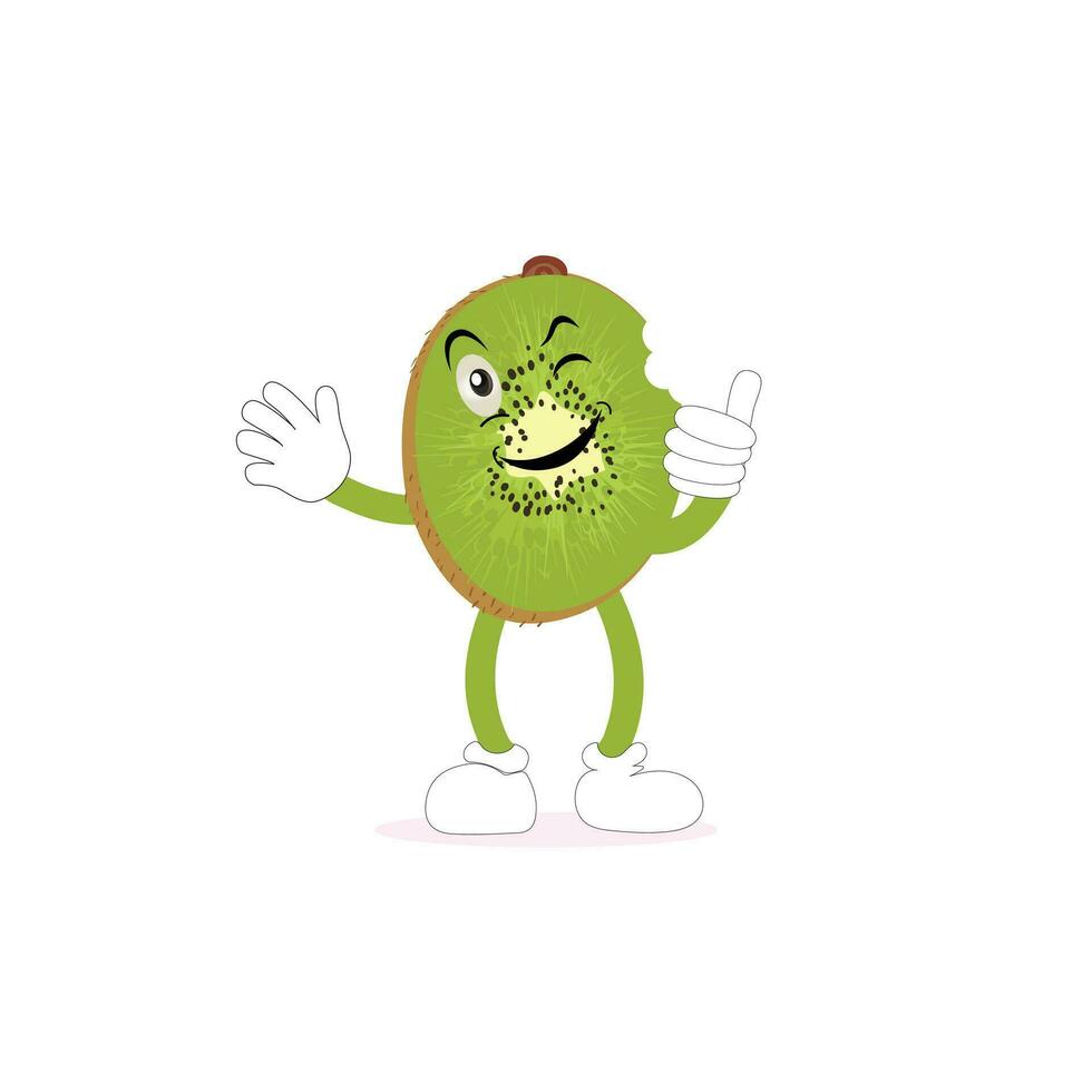 kiwi Fruta dibujos animados personaje con verdoso marrón borroso piel y señalando mano gesto, para agricultura o Fresco comida diseño. kiwi Fruta vector caracteres, dibujos animados linda kiwi Fruta dibujos animados emoticonos