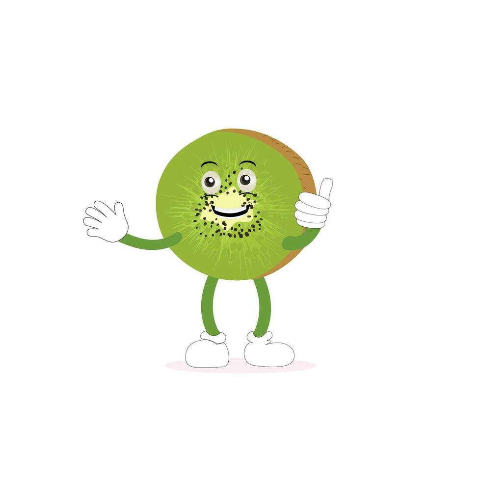 Kiwi fruit cartoon character with greenish brown fuzzy skin and pointing hand gesture,for agriculture or fresh food design. Kiwi fruit vector characters, Cartoon cute Kiwi fruit cartoon emoticons.