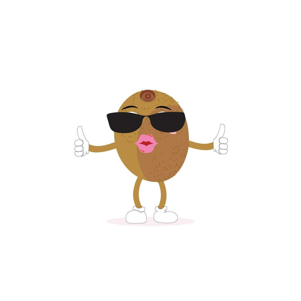 kiwi Fruta sonrisas linda dibujos animados emoticonos emoji iconos kiwi personaje con un frio cara y Gafas de sol. Perfecto para niños, mercancías y pegatina, bandera promoción vector